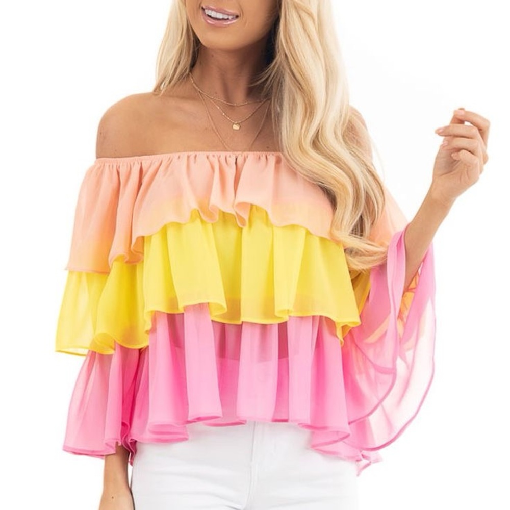 Flying Tomato Orange Yellow Ruffled Off-Shoulder Blouse
